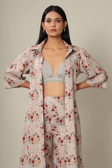 Pasha India_Green Rayon Slub Floral Print Jacket Spread Collar And Bralette & Pant Set_at_Aza_Fashions