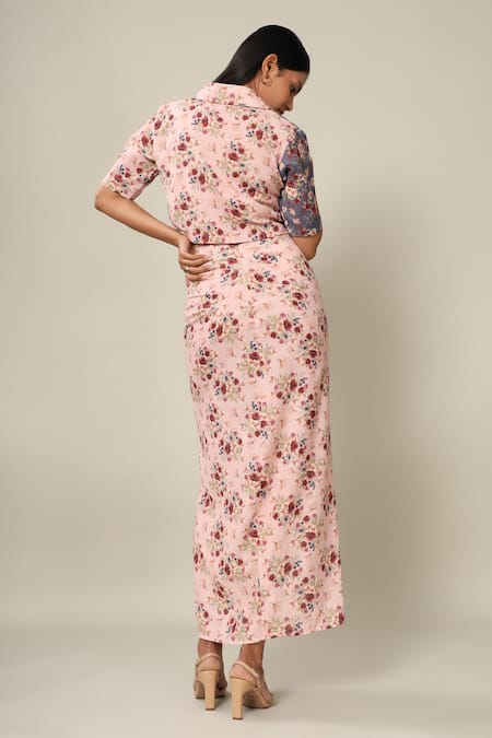 Shop_Pasha India_Pink Rayon Slub Floral Print Spread Collar Cropped Shirt And Skirt Set _at_Aza_Fashions