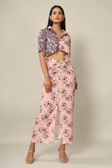 Pasha India_Pink Rayon Slub Floral Print Spread Collar Cropped Shirt And Skirt Set _Online_at_Aza_Fashions