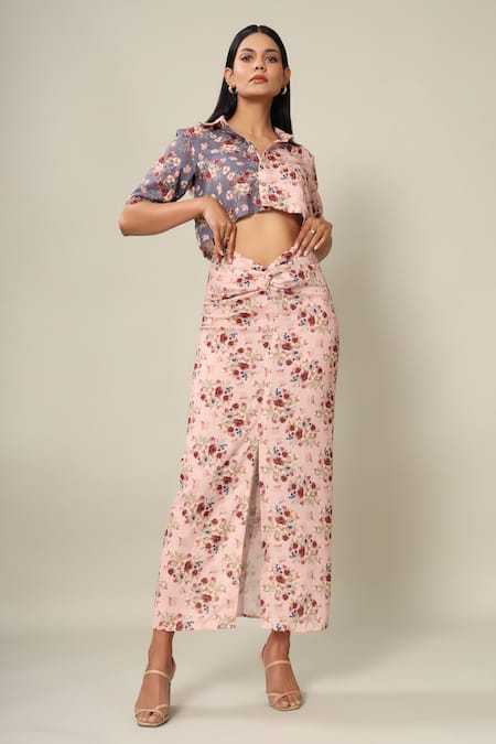 Buy_Pasha India_Pink Rayon Slub Floral Print Spread Collar Cropped Shirt And Skirt Set _Online_at_Aza_Fashions