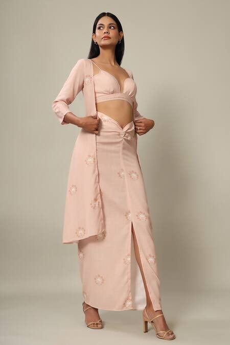 Pasha India_Peach Rayon Slub Floral Sweetheart Neck Jacket And Skirt Set_Online_at_Aza_Fashions