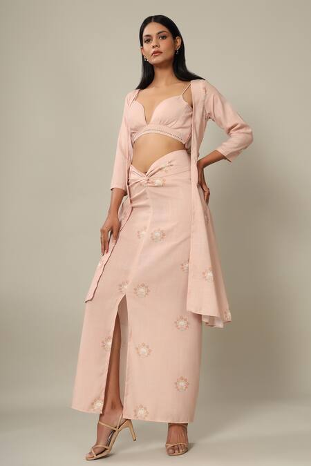 Shop_Pasha India_Peach Rayon Slub Floral Sweetheart Neck Jacket And Skirt Set_Online_at_Aza_Fashions