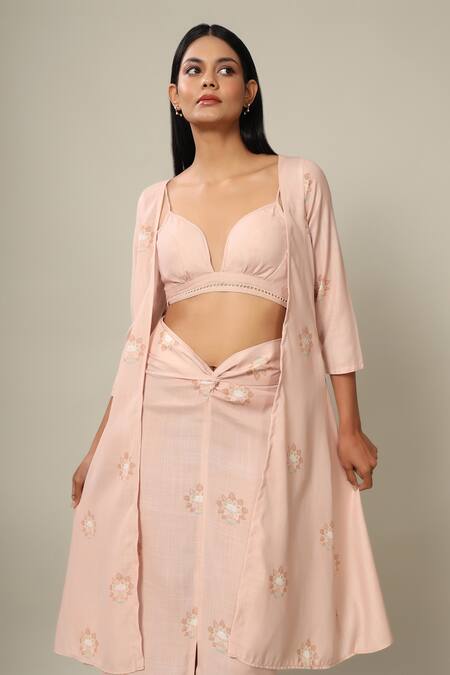 Pasha India_Peach Rayon Slub Floral Sweetheart Neck Jacket And Skirt Set_at_Aza_Fashions