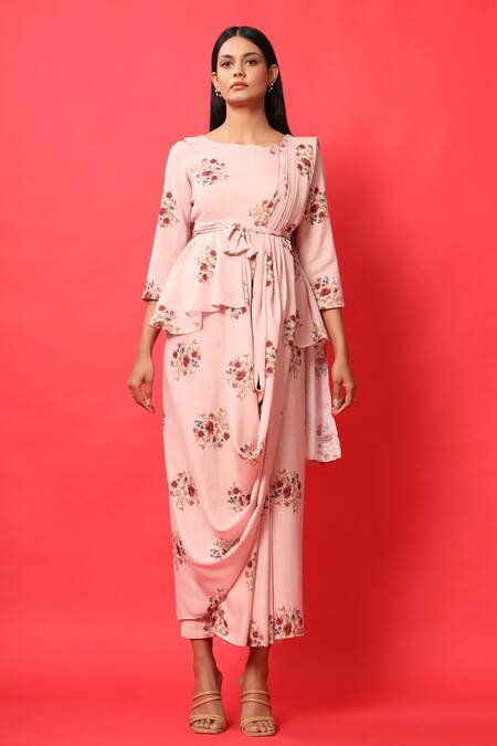 Pasha India_Pink Rayon Slub Floral Print Round Peplum Saree Dress With Belt_Online_at_Aza_Fashions