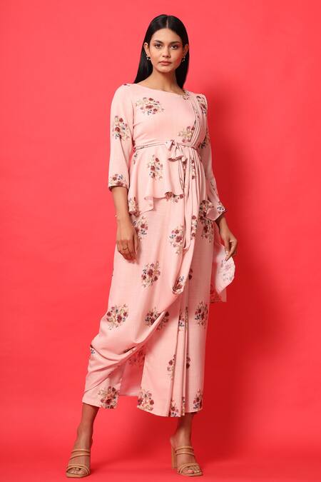 Buy_Pasha India_Pink Rayon Slub Floral Print Round Peplum Saree Dress With Belt_Online_at_Aza_Fashions