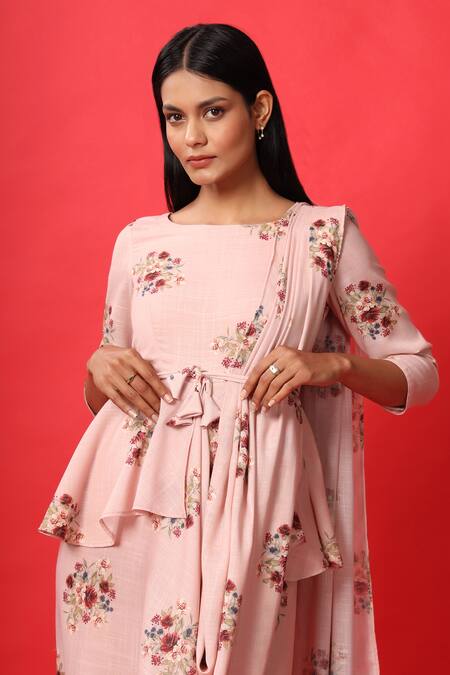 Pasha India_Pink Rayon Slub Floral Print Round Peplum Saree Dress With Belt_at_Aza_Fashions
