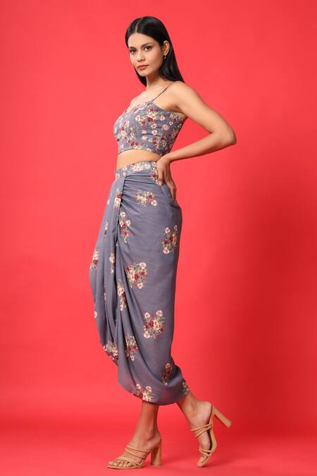 Buy_Pasha India_Blue Rayon Slub Floral Print Sweetheart Neck Crop Top And Skirt Set_Online_at_Aza_Fashions