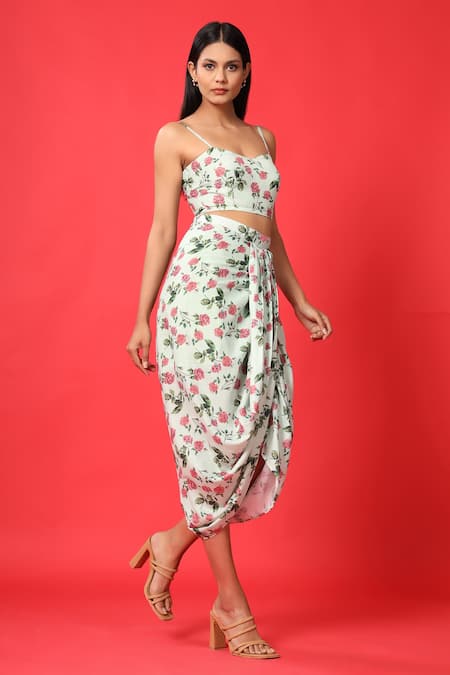 Pasha India Green Rayon Slub Floral Sweetheart Crop Top And Skirt Set 