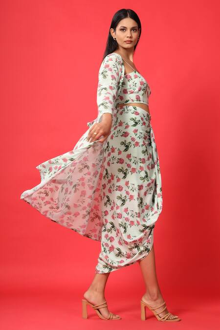 Pasha India_Green Rayon Slub Floral Print Sweetheart Neck Cape And Skirt Set _Online_at_Aza_Fashions