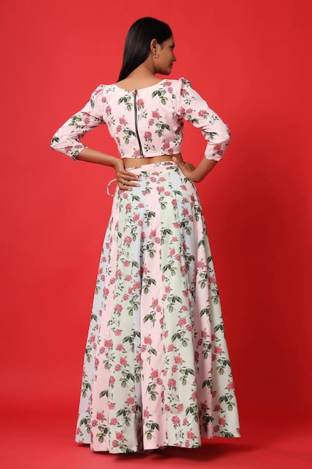 Shop_Pasha India_Multi Color Rayon Slub Floral Print Boat Blouse And Lehenga Set _at_Aza_Fashions