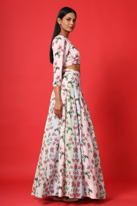 Pasha India_Multi Color Rayon Slub Floral Print Boat Blouse And Lehenga Set _Online_at_Aza_Fashions