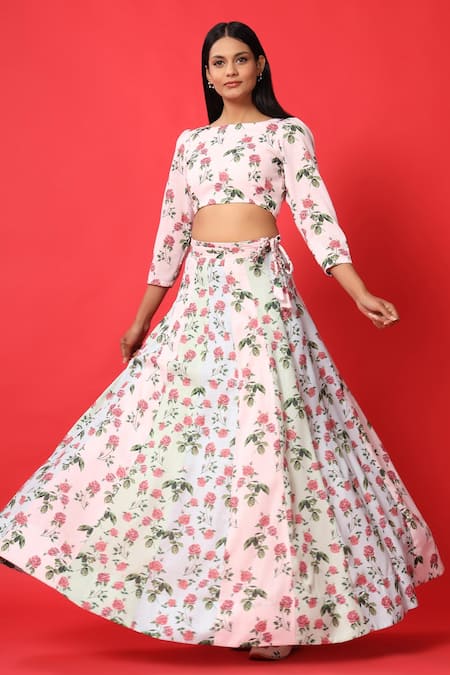 Shop_Pasha India_Multi Color Rayon Slub Floral Print Boat Blouse And Lehenga Set _Online_at_Aza_Fashions