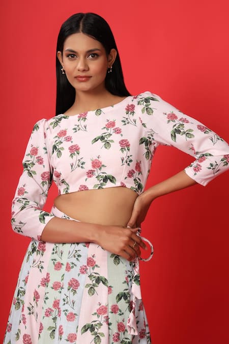 Pasha India_Multi Color Rayon Slub Floral Print Boat Blouse And Lehenga Set _at_Aza_Fashions