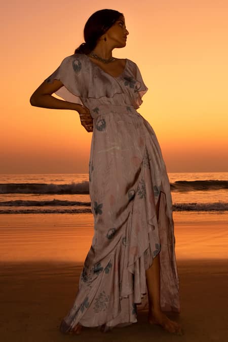 Vivek Patel_Pink Bemberg Satin Floral V Neck Print Ruffle Dress _Online_at_Aza_Fashions