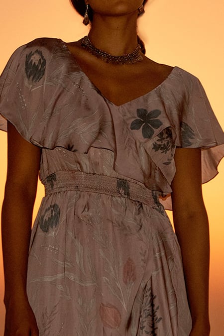 Buy_Vivek Patel_Pink Bemberg Satin Floral V Neck Print Ruffle Dress _Online_at_Aza_Fashions