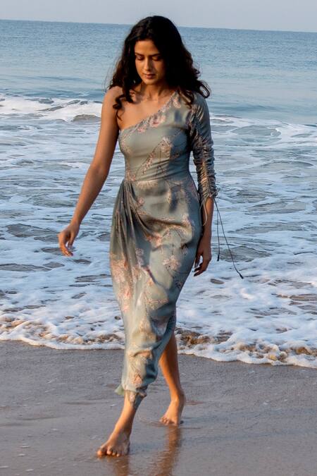 Vivek Patel_Green Organza Satin Floral One Shoulder Draped Dress _Online_at_Aza_Fashions