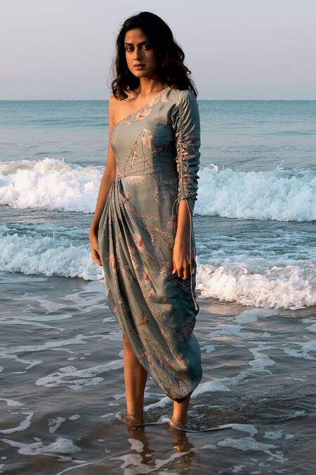 Buy_Vivek Patel_Green Organza Satin Floral One Shoulder Draped Dress _Online_at_Aza_Fashions