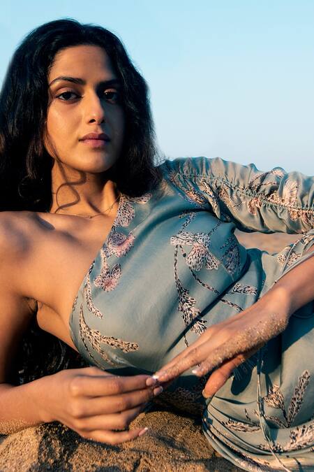 Shop_Vivek Patel_Green Organza Satin Floral One Shoulder Draped Dress _Online_at_Aza_Fashions