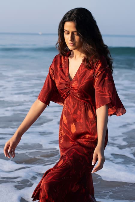 Buy_Vivek Patel_Brown Bemberg Satin Floral V Neck Print Midi Dress _Online_at_Aza_Fashions