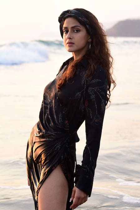 Vivek Patel_Black Bemberg Satin Floral V Neck Print Shirt _Online_at_Aza_Fashions