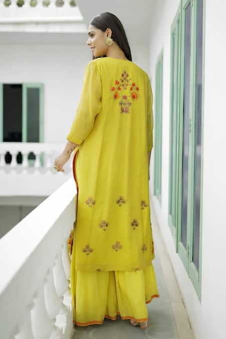 Shop Neeta Bhargava Yellow Textured Banarasi, Tissue Cotton Silk Floral Embroidered And Sharara Set at Aza Fashions Shop_Neeta Bhargava_Yellow Textured Banarasi, Tissue Cotton Silk Floral Embroidered And Sharara Set _at_Aza_Fashions