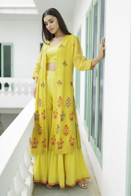 Neeta Bhargava Yellow Textured Banarasi, Tissue Cotton Silk Floral Embroidered And Sharara Set Online at Aza Fashions Neeta Bhargava_Yellow Textured Banarasi, Tissue Cotton Silk Floral Embroidered And Sharara Set _Online_at_Aza_Fashions