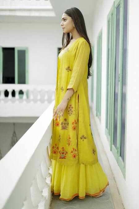 Buy Neeta Bhargava Yellow Textured Banarasi, Tissue Cotton Silk Floral Embroidered And Sharara Set Online at Aza Fashions Buy_Neeta Bhargava_Yellow Textured Banarasi, Tissue Cotton Silk Floral Embroidered And Sharara Set _Online_at_Aza_Fashions