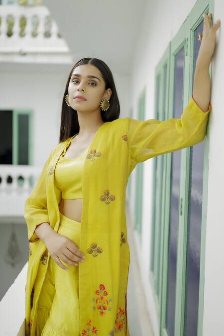 Shop Neeta Bhargava Yellow Textured Banarasi, Tissue Cotton Silk Floral Embroidered And Sharara Set Online at Aza Fashions Shop_Neeta Bhargava_Yellow Textured Banarasi, Tissue Cotton Silk Floral Embroidered And Sharara Set _Online_at_Aza_Fashions