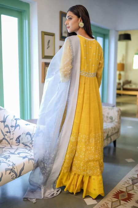 Shop Neeta Bhargava Yellow Organza, Tissue, Banarasi Chanderi Embroidered Anarkali Gharara Set at Aza Fashions Shop_Neeta Bhargava_Yellow Organza, Tissue, Banarasi Chanderi Embroidered Anarkali Gharara Set _at_Aza_Fashions