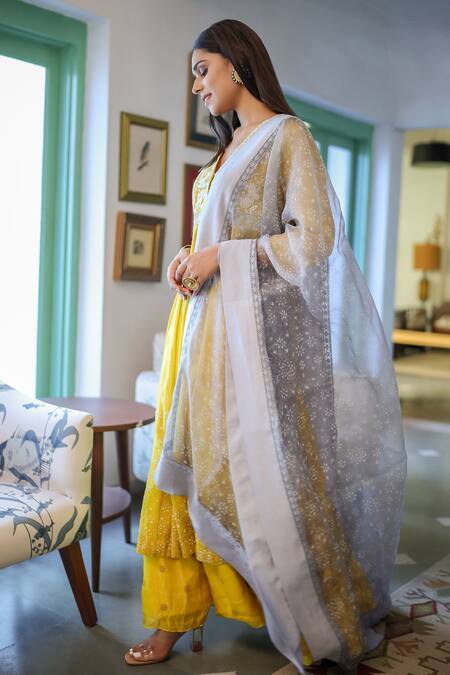 Neeta Bhargava Yellow Organza, Tissue, Banarasi Chanderi Embroidered Anarkali Gharara Set Online at Aza Fashions Neeta Bhargava_Yellow Organza, Tissue, Banarasi Chanderi Embroidered Anarkali Gharara Set _Online_at_Aza_Fashions