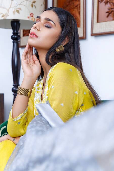 Shop Neeta Bhargava Yellow Organza, Tissue, Banarasi Chanderi Embroidered Anarkali Gharara Set Online at Aza Fashions Shop_Neeta Bhargava_Yellow Organza, Tissue, Banarasi Chanderi Embroidered Anarkali Gharara Set _Online_at_Aza_Fashions