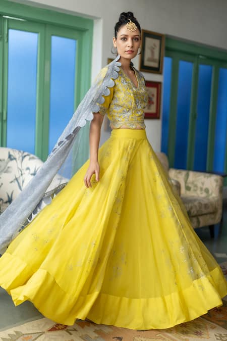 Shop Neeta Bhargava Yellow Organza, Silk Chanderi Floral V Neck Skirt Set at Aza Fashions Shop_Neeta Bhargava_Yellow Organza, Silk Chanderi Floral V Neck Skirt Set _at_Aza_Fashions