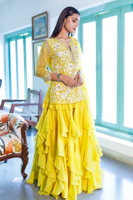 Neeta Bhargava_Yellow Organza, Chanderi Floral Notched Embroidered Kurta Gharara Set _Online_at_Aza_Fashions