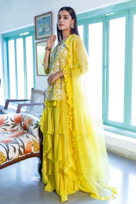 Buy_Neeta Bhargava_Yellow Organza, Chanderi Floral Notched Embroidered Kurta Gharara Set _Online_at_Aza_Fashions