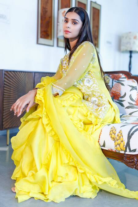 Shop_Neeta Bhargava_Yellow Organza, Chanderi Floral Notched Embroidered Kurta Gharara Set _Online_at_Aza_Fashions