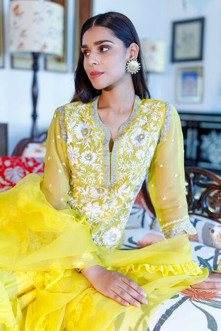 Neeta Bhargava_Yellow Organza, Chanderi Floral Notched Embroidered Kurta Gharara Set _at_Aza_Fashions