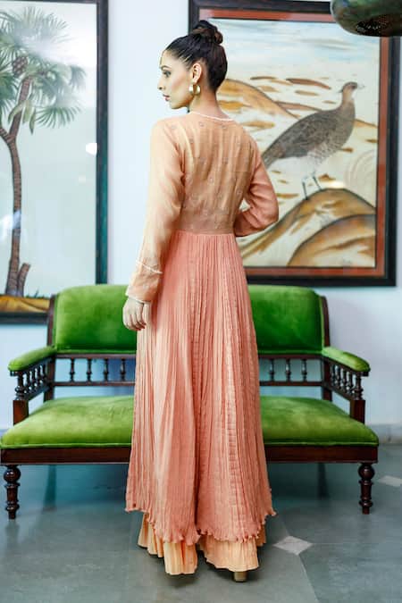 Shop Neeta Bhargava Peach Cotton, Tissue, Chiffon Floral V Neck Embroidered Anarkali Set at Aza Fashions Shop_Neeta Bhargava_Peach Cotton, Tissue, Chiffon Floral V Neck Embroidered Anarkali Set _at_Aza_Fashions