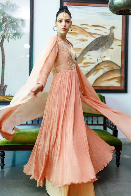 Neeta Bhargava Peach Cotton, Tissue, Chiffon Floral V Neck Embroidered Anarkali Set Online at Aza Fashions Neeta Bhargava_Peach Cotton, Tissue, Chiffon Floral V Neck Embroidered Anarkali Set _Online_at_Aza_Fashions