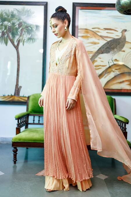 Buy Neeta Bhargava Peach Cotton, Tissue, Chiffon Floral V Neck Embroidered Anarkali Set Online at Aza Fashions Buy_Neeta Bhargava_Peach Cotton, Tissue, Chiffon Floral V Neck Embroidered Anarkali Set _Online_at_Aza_Fashions
