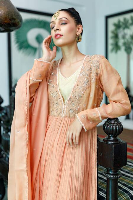 Shop Neeta Bhargava Peach Cotton, Tissue, Chiffon Floral V Neck Embroidered Anarkali Set Online at Aza Fashions Shop_Neeta Bhargava_Peach Cotton, Tissue, Chiffon Floral V Neck Embroidered Anarkali Set _Online_at_Aza_Fashions