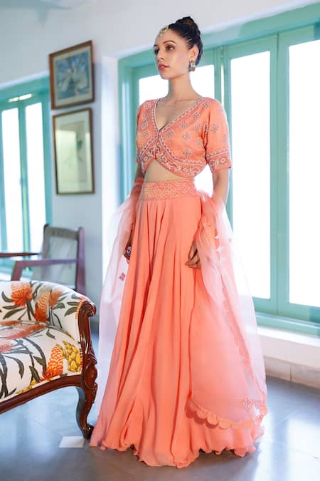 Buy_Neeta Bhargava_Peach Organza, Tissue, Chiffon Geometric, Bead Skirt With Embroidered Blouse Set _Online_at_Aza_Fashions
