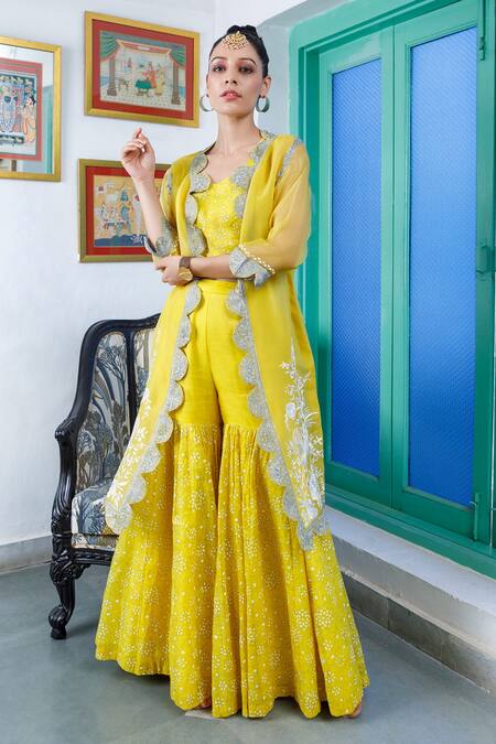 Neeta Bhargava Yellow Organza, Tissue Floral Bustier Round, Jacket Embroidered And Gharara Set Online at Aza Fashions Neeta Bhargava_Yellow Organza, Tissue Floral Bustier Round, Jacket Embroidered And Gharara Set _Online_at_Aza_Fashions