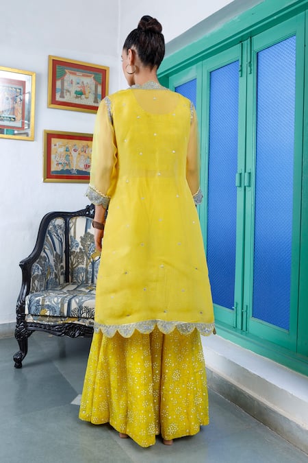 Shop Neeta Bhargava Yellow Organza, Tissue Floral Bustier Round, Jacket Embroidered And Gharara Set at Aza Fashions Shop_Neeta Bhargava_Yellow Organza, Tissue Floral Bustier Round, Jacket Embroidered And Gharara Set _at_Aza_Fashions