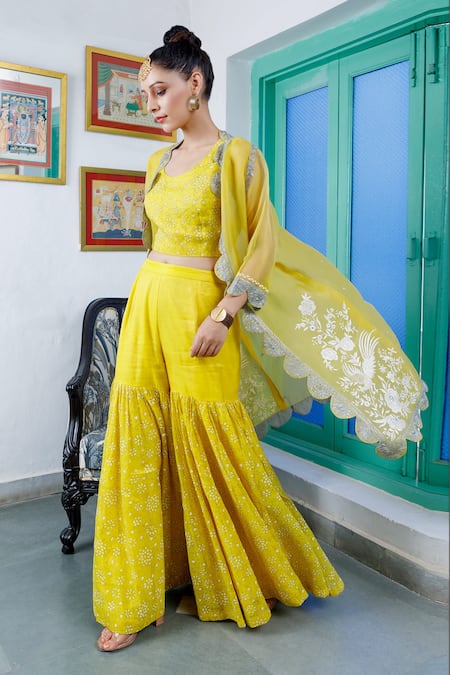 Neeta Bhargava Yellow Organza, Tissue Floral Bustier Round, Jacket Embroidered And Gharara Set 