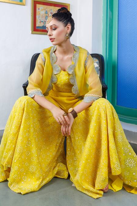 Buy Neeta Bhargava Yellow Organza, Tissue Floral Bustier Round, Jacket Embroidered And Gharara Set Online at Aza Fashions Buy_Neeta Bhargava_Yellow Organza, Tissue Floral Bustier Round, Jacket Embroidered And Gharara Set _Online_at_Aza_Fashions