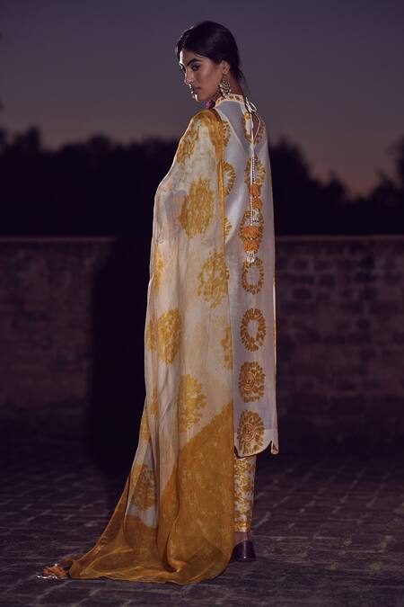 Shop_Amita Gupta_Yellow Kurta And Palazzo Chanderi & Dupatta Kota Floral, Mirror & Set_Online_at_Aza_Fashions