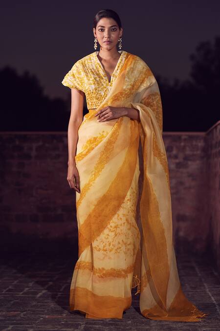 Amita Gupta Yellow Saree Organza And Blouse Chanderi Print Floral V With 