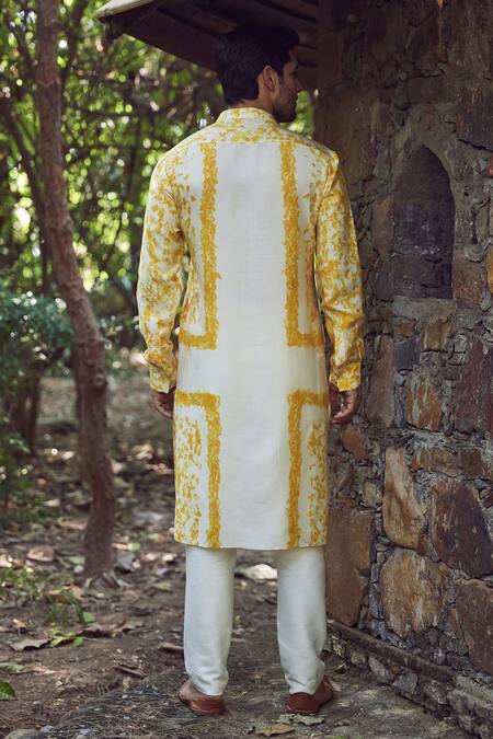 Shop_Amita Gupta_Yellow Silk, Twill Striped Eco Print Kurta And Pant Set_at_Aza_Fashions