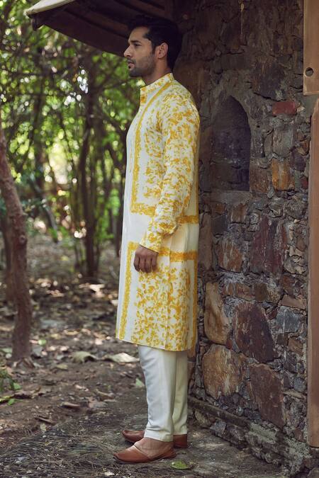 Amita Gupta_Yellow Silk, Twill Striped Eco Print Kurta And Pant Set_Online_at_Aza_Fashions
