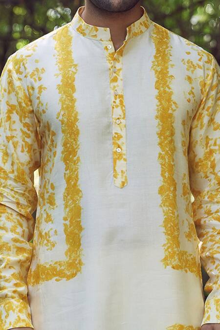 Shop_Amita Gupta_Yellow Silk, Twill Striped Eco Print Kurta And Pant Set_Online_at_Aza_Fashions